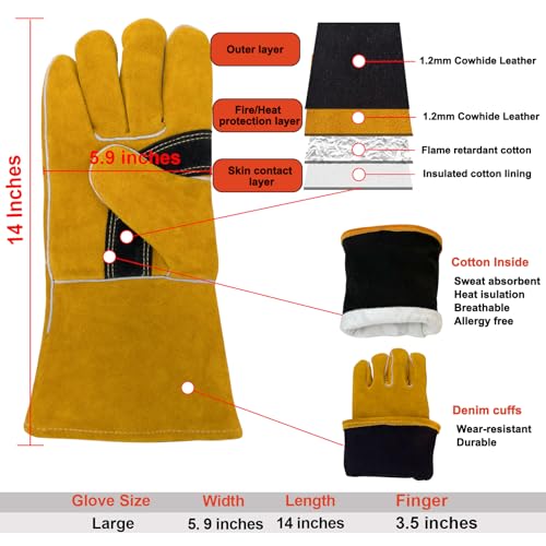 Welding Gloves Heat Resistant Leather Fire Gloves 14 In Yellow | Welders Gloves for MIG TIG Stick, Grill Gloves Mitts for BBQ,Oven,Forge,Fireplace,Fire Pit,Furnace,Wood Stove,Dry Ice,Baking - color: 14 Inches Yellow
