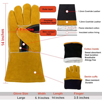 Welding Gloves Heat Resistant Leather Fire Gloves 14 In Yellow | Welders Gloves for MIG TIG Stick, Grill Gloves Mitts for BBQ,Oven,Forge,Fireplace,Fire Pit,Furnace,Wood Stove,Dry Ice,Baking - color: 14 Inches Yellow