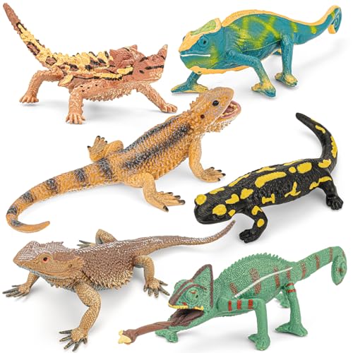 6PCS Large Lizard Figurines Rainforest Animal Toys, Realistic Plastic Reptile Animal Figurines, Includes Bearded Dragon,Fire Salamander,Chameleons,Coast Horned Lizard Toys, STEM Toy for Kids - style: 6PCS Lizards-2