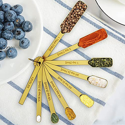 Wildone Gold Measuring Cups & Spoons Set of 21 - Includes 7 Stainless Steel Nesting Measuring Cups, 8 Measuring Spoons, 1 Leveler & 5 Mini Measuring Spoons, Ideal for Dry & Liquid Ingredients - color: Gold