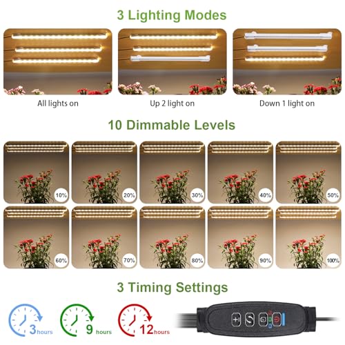 8.6'' LED Grow Light Strips, Full Spectrum 3500K Grow Lights for Indoor Plants, 3 Head with 3/9/12H Timer, 10 Dimmable Levels, Suitable for Seedling, Succulent, Plant Shelf and Greenhouse, 1-Pack - color: 3 Head 1 Pack
