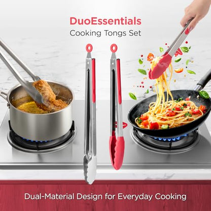 Kitchen Mama DuoEssentials Cooking Tongs Set, Red | Silicone Tip, Stainless Steel, Locking Ring, Heat Resistant, Non Stick Cookware Safe - color: Red