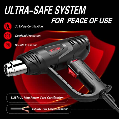 Heat Gun, TGK® 1800W Heavy Duty Hot Air Gun Kit 122℉~1202℉ Dual Temperature Settings with 3 Nozzle Attachments Overload Protection for Crafts, Shrink Wrapping/Tubing, Paint Removing, Epoxy Resin - color: Black