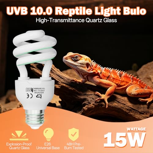 UVB Light for Reptiles 10.0: Bearded Dragon UVB Light for Desert Habitats,15W UVA UVB Reptile Light Bulb for Lizards Tortoises,Terrarium Compact Fluorescent Lamp-UVB Bulbs with Free UV Sensor Card - size: 5.5INCH-10.0