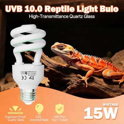UVB Light for Reptiles 10.0: Bearded Dragon UVB Light for Desert Habitats,15W UVA UVB Reptile Light Bulb for Lizards Tortoises,Terrarium Compact Fluorescent Lamp-UVB Bulbs with Free UV Sensor Card - size: 5.5INCH-10.0