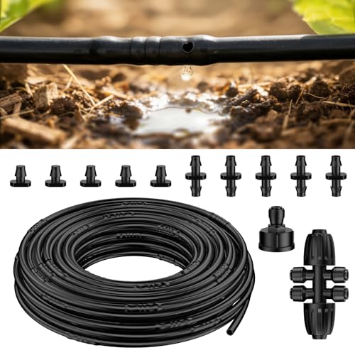 Pawfly 50 ft 1/4 Drip Irrigation Tubing, 1/4" Emitter Tubing with 6" Spacing, Polyethylene Drip Line with 12 Parts, Black Distribution Tubing for Drip Irrigation System, Drip Irrigation Hose Roll - size: 50 FT Kit with Emitters Drip Irrigation Tubing