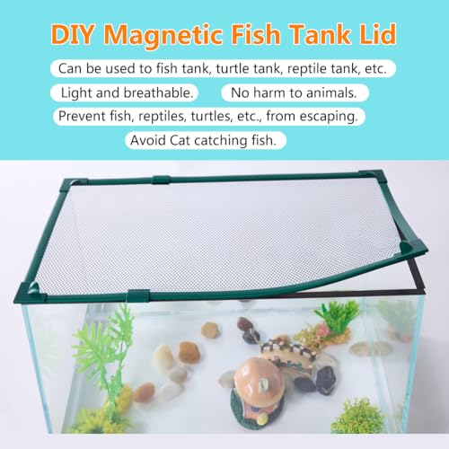 Magnetic Fish Tank Cover Green Frame Black Net, DIY Fish Tank Lid Adjustable Size Fit Tank Size Max 35''X19''(100x50CM) for Preventing Fish from Jumping Out and Reptile Escaping - color: Green Frame Black Net