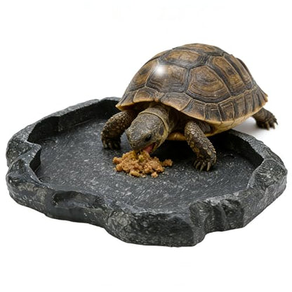 Tortoise Water Bowl - Reptile Water Food Dish Medium - Shallow Rock Reptile Feeder - Pet Aquarium Ornament Terrarium Dish Plate for Feeding Water Tortoise Lizard, 7.1 * 5.5 * 0.8in