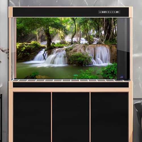 Waterfall Aquarium Background Jungle Plants Rocks Terrarium Background Falls Green Plants Natural Landscape Fish Tank Background Old Tree Waterfall Rock Style Reptile Background Vinyl 24x12in - color: Jade Green, size: 24(W)x12(H)in