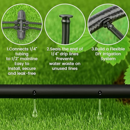 MIXC 1/4" Irrigation Dripline Tubing (100 Ft Roll), Saving 80% Water, 6" Emitter Spacing, 0.5 GPH Emitters Built-In Drip Irrigation Line with 1/4" Fittings Included, Black - size: 100FT