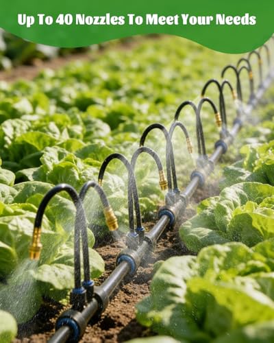 66FT Drip Irrigation System with 40 Nozzles, Automatic Drip Irrigation Kit, Garden Watering System with Dual-Head 360° Bendable Spray Nozzles for Lawn, Raised Bed (66FT, 40 Nozzles)
