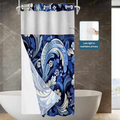 Seamless Paisley Floral No Hooks Shower Curtain with Snap in Liner Set, Damask Blue Paisley Flowers Tub Curtainn Mesh Top Window & Magnetic Hem Waterproof 35.5X74 Inch - color: Blue Damask Blue Paisley, size: 35.4"W x 74"L (Pack of 1)