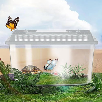 Transparent Reptile Feeding Box 360°, Standard Faunarium with Handle, Reptile Tank Transport & Portable Habitat Feeding Boxes, Transparent Plastic Pet Houses for Gecko, Frog, Lizard, Tarantula (Grey) - color: Grey