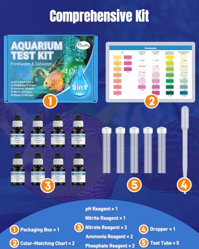 Pawfly 5 in 1 Aquarium Water Master Test Kit, Fish Tank Water Testing Kit | Aquarium Water Test Kit for pH Nitrite Nitrate Ammonia & Phosphate, Aquarium Test Kit for Freshwater & Saltwater Fish Tanks - color: Blue Standard Kit Pack