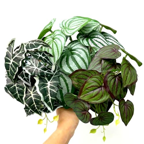 5 Pcs Reptile Plants & Habitat Decor Kit - Artificial Plants & Large 3.3ft Jungle Vine Branch, Artificial Leaves with Suction Cup Tank Decor Accessories for Crested Gecko, Lizard, Snake,Forg,Tortoise - color: Watermelon Peperomia,calathea Orbifolia