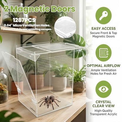 Jumping Spider Enclosure, Acrylic Tarantula Enclosure, 6x6x9 Inch Insect Terrarium with 2 Magnetic Doors, Pre-Assembled Reptile Habitat for Gecko, Mantis, Snail, Lizard, Frog, Hermit Crab, Hatchlings - size: 6x6x9inch