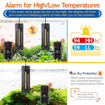 hygger 800W Aquarium Heater with Controller, Adjustable & Submersible Fish Tank Heater with Digital Display Safety Triple Protection Beeping Alarm for Saltwater and Freshwater 80-220 Gallon - size: 800W for 80-220 Gallon