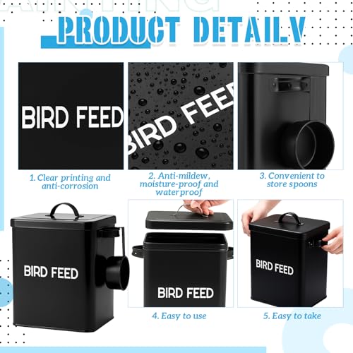 Reallnaive 2 Pcs Metal Bird Seed Container with Scoop,Black | Bird Feed Storage Container with Fitted Lid, Farmhouse Style Ideal Gift for Birds and Pet Owners - color: Black
