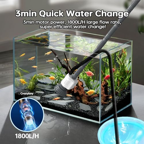 Fish Tank Vacuum Aquarium Gravel Cleaner 30W Strong Suction Electric Cleaner with Adjustable Motor for Efficient Water Change & Cleaning - 6-in-1 Automatic Removable Vacuum Electric Tool (White)