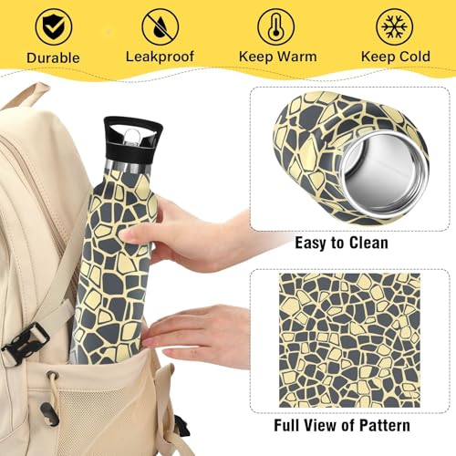 Sports Water Bottle Reptile Skin Black Beige Stainless Steel Beverage Container 20 oz Coffee Cup with Detachable Straw & Leakproof Lid for Office/Travel/Outdoor