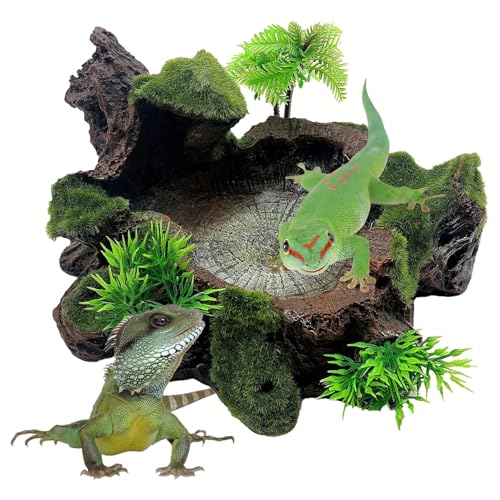 Hamiledyi Reptile Tank Decor Resin Reptile Platform with Artificial Plants Reptile Water Dish Food Bowl Reptile Feeding Dish for Lizard Small Turtle Gecko Water Frog Snake Amphibian Crawling Platform