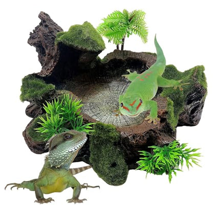 Hamiledyi Reptile Tank Decor Resin Reptile Platform with Artificial Plants Reptile Water Dish Food Bowl Reptile Feeding Dish for Lizard Small Turtle Gecko Water Frog Snake Amphibian Crawling Platform