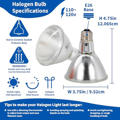 Pangea 75W Halogen Heat Lamp for Reptiles, Warming Infrared UVA Light | Designed for Ceramic Sockets - Reptile Enclosure Heat Lamp for Bearded Dragons, Leopard Geckos, Tortoises, Crested Geckos