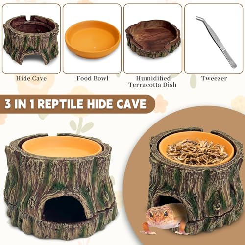 PINVNBY 3 in 1 Reptile Hide Cave with Removable Sump and Humidity Water Dish,Reptiles Hideout Water Tank Accessories for Small Reptiles Gecko,Leopard Gecko,Lizard,Snake,Crabs