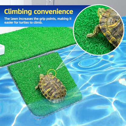 13" Turtle Basking Platform with Grass Ramp, Acrylic, Fits 0.31-2.11" Tanks | Adjustable non-slip grass ramp for aquatic turtles. Fits 0.31-2.11" thick rims. Thickened acrylic 11" large dock for basking - size: 13 Inch
