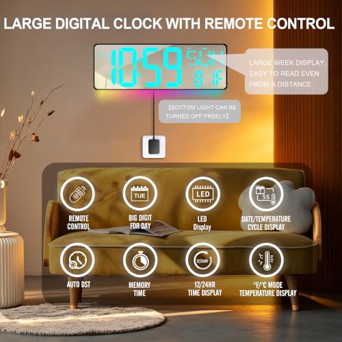 17.2-Inch Large Mirror Digital Wall Clock with Remote Control, RGB Mood Light, Extra-Large LED Display, Auto Dimming,Date, Day, Temp, Countdown Timer for Home, Gym, Office and Classroom (Ice Blue) - color: Ice Blue