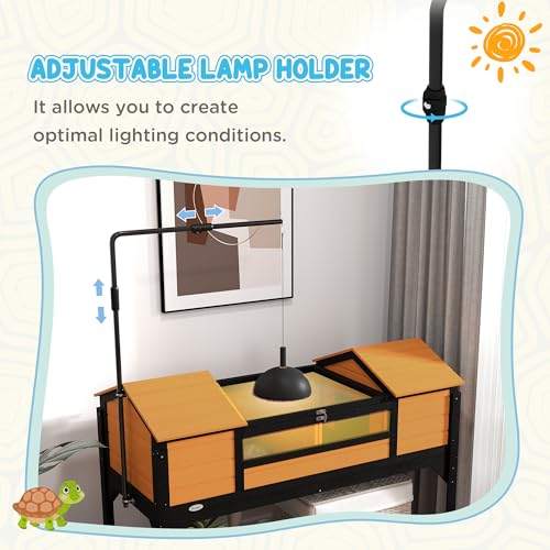 PawHut Tortoise Habitat with Adjustable Lamp Holder, Attached Tray Yellow | Wooden Tortoise Enclosure, Storage Shelf, Dual Main Houses, Openable Lid - color: Yellow
