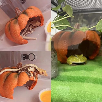 Hermit Crab Hideout Resin Simulation Halloween Pumpkin House Reptile Hides and Caves Chameleon Rest Hut Aquarium Habitat Decor Accessories for Bearded Dragon Leopard Lizard Snake Tortoise Frog Gecko - style: Pumpkin House