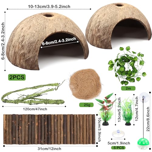 QUOZUO Crested Gecko Tank Accessories, Reptile Climbing Vines Hanging Plants with Coconut Shells Bridge Hideout Hermit Crab Decor for Bearded Dragon Lizard Chameleon Gecko Turtle Snake