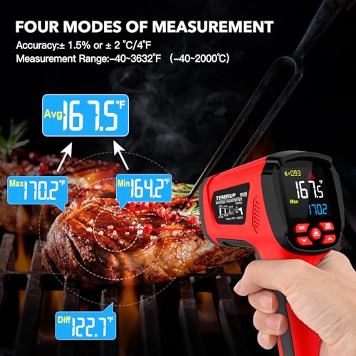 Infrared Thermometer Temperature Gun, -40℉-3632℉, Non Contact Digital Laser Thermometer Pyrometer 50:1 High Temp with Color LCD Display for Industrial HVAC Forge Metal Smelting - color: Red -40°F-3632°F (-40-2000°C)