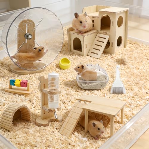 9 Pcs Hamster Cage Accessories, Silent Hamster Wheel, Wooden House and Platform, Wooden Fence, Water Bottle Set, Ceramic Food Bowl, Bath Sand Container, Mini Cleaner for Rat Mice Small Animals Habitat