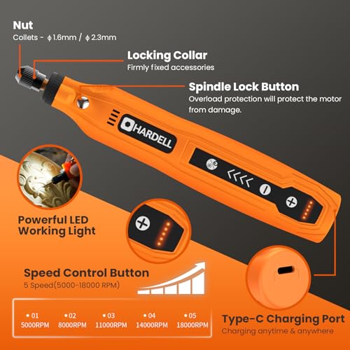 HARDELL Mini Cordless Rotary Tool, 5-Speed and USB Charging with storage case, Multi-Purpose 3.7V Power Rotary Tool for Sanding, Polishing, Drilling, Etching, Engraving, DIY Crafts | 5,000-18,000 RPM, 0.3LB Engraving Pen, LED Work Light – for Sanding, Pol