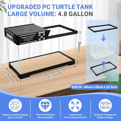 GOZILLA Turtle Tank, Upgrade PC Turtle Tank Starter Kit, Resin Hideout Habitat, Basking Platform, Bottom Drainage for Turtles, Crabs, Shrimps and Other Small Reptiles. (15.75x7.9x9''/Black) - color: Black-Tank Hideout