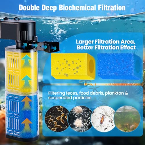3-in-1 Aquarium Filter for 30-100 Gallons Fish & Turtle Tank Filter | Bio-Sponge Filter 18W 400GPH Quiet Submersible Pump, Easy Clean & Install, Adjustable Bubbles for Aeration, Water Circulation