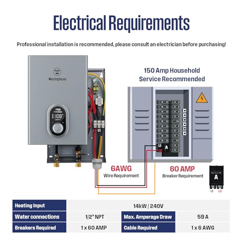 Westinghouse Wifi Tankless Water Heater Electric,14kW 240V,2 Point Use,Gray | Max 3.38GPM, 86-140℉ Temp.Range, ETL Certified, Space-Saving, Smart Wifi Compatible with Alexa & Google Home - color: Gray 14
