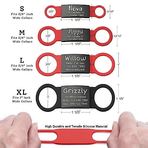 Slide On Silent Pet ID Tags, S/M/L/XL Personalized Black Stainless Steel Colored Silicone Cat Dog Name Tag, Customized Engraved Nameplate, Quiet Chew-Proof Pet Collar Tag (White, Small) - color: White, size: Small