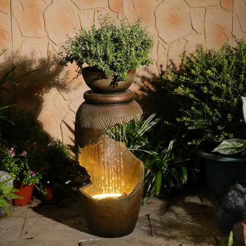 Sunlinua Outdoor Water Fountain with LED Light, Modern Spiral Tiered Outdoor Fountain with Stone Planter Curved Freestanding Waterfall Fountains for Garden Patio Deck Porch - color: Brown, size: 29.7" H