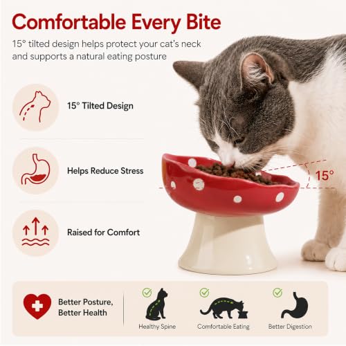 Red Mushroom Cat Bowl, Elevated Ceramic Bowl for Cats | Cute Mushroom, Elevated, Ceramic, Whisker Friendly, Wide Opening, Stable, Easy Clean - color: Red