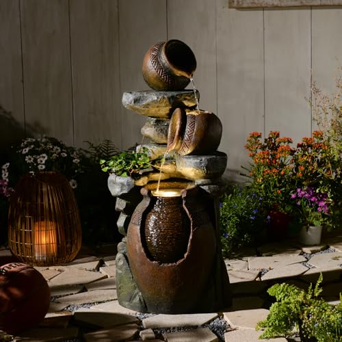 Rustic Jar Outdoor Water Fountain with Planter 38.5" Large Tiered Waterfall with Warm LED Lights, Handcrafted Resin Fountain for Zen Garden, Deck & Indoor Home Decor