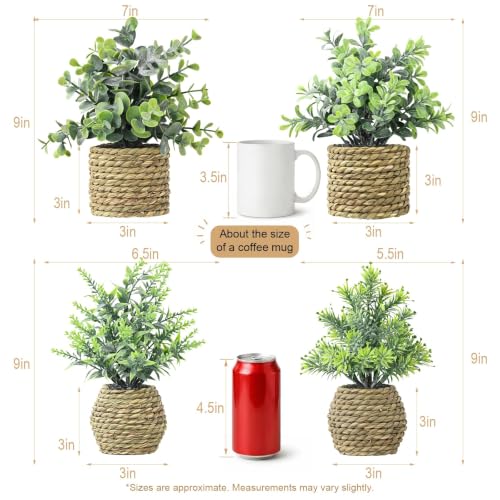 Small Fake Plants, 4 Pack Artificial Plants in Handwoven Seagrass Baskets | Natural Woven Texture, 4 Unique Plant Designs, Shelf, Desk & Table Decor, Realistic Faux Greenery, Farmhouse & Boho Decor