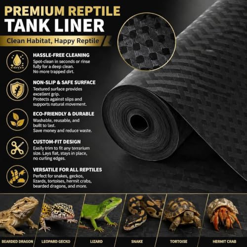 118" Non-Adhesive Reptile Tank Carpet for Bearded Dragon, Black | Washable & Reusable Non-Slip Breathable Base Gentle on Skin & Claws Fits Gecko Iguana Snake Tortoise Easy Clean - size: 118IN