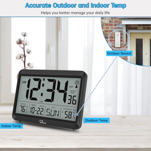 8.5'' Digital Atomic Clock with Indoor Outdoor Temp | Battery Operated Self-Setting Clock with Day and Date, 4 Time Zones, Auto DST, Suitable for Classroom, Office, Living Room - size: 8.5 INCH