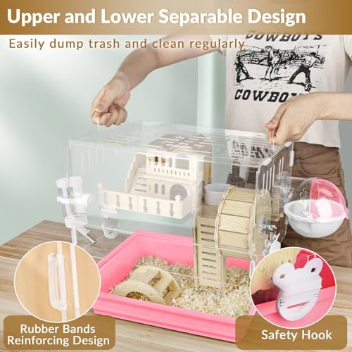 Cycodo 8 in 1 Acrylic Hamster Cage,2-Tier Dwarf Hamster Cage with Wooden Wheel & Hideout,Small Hamster Habitat with Accessories,Clear Pet Mice House(Pink,14" L*10" W*11" H) - color: Pink