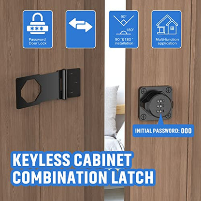 Household Cabinet Password Hasp Locks, Cabinet Locks with Combination, Door Security Slide Latch for Small Barn Doors, Bathroom, Outdoor, Garden (2 Pack Black) | Household Door Security Slide Latch for Small Bathroom, Outdoor, shed, Bedroom, Closet, Barn