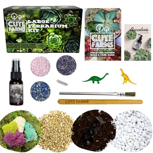 Cute Farms Terrarium Starter Kit | Moss, Vermiculite, Soil, Pebbles, Plant Food, & Finishing Tools (Large Kit + Crystals) - size: Large Kit + Crystals