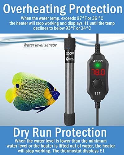 AquaMiracle Aquarium Heater 300W Fish Tank Heater for 40-60 Gal Tanks, LED Digital Display Thermostat Turtle Heater with Out-of-Water Auto Shut-Off, Overheat Protection & Memory Function - size: For 40-60 Gal Tank